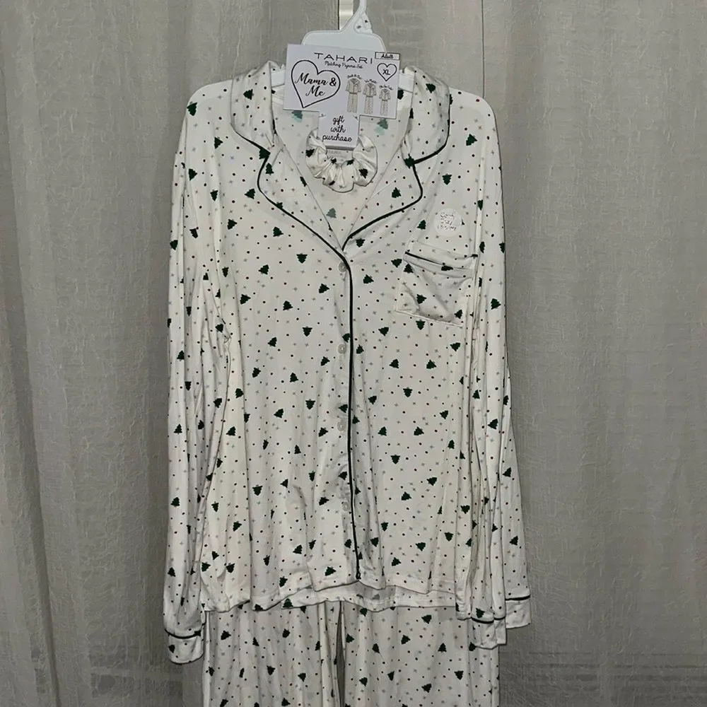 TAHARI L White Green Christmas Tree Notched Collar Long Sleeve Pants PJ Gift Set